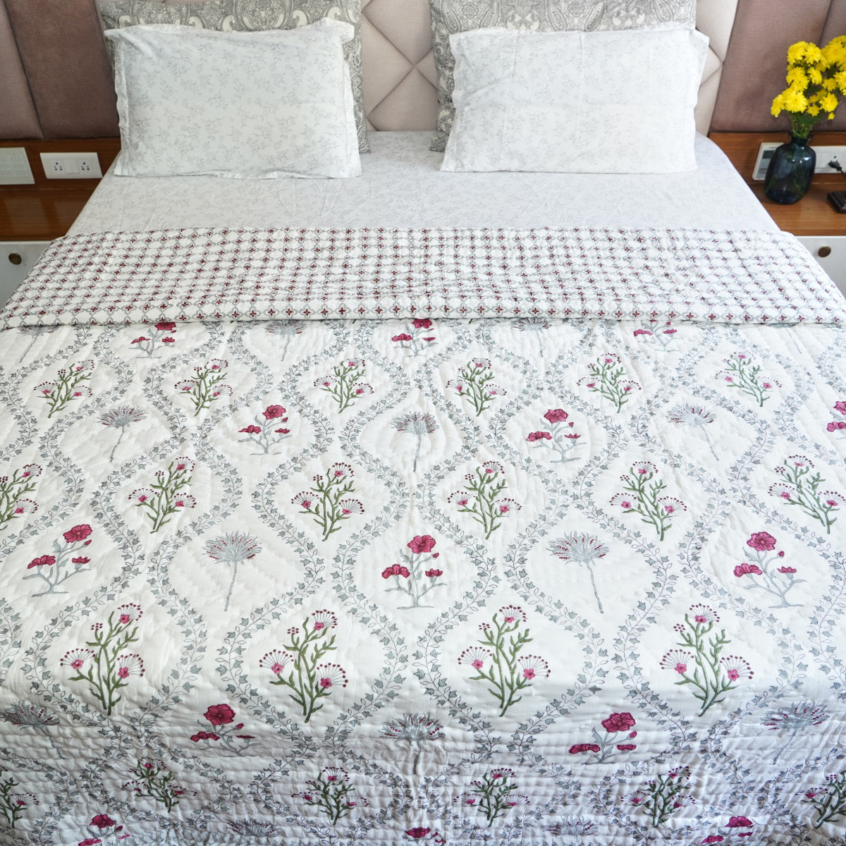 Floral Vines Symphony Reversible Hand Block Printed Cotton Quilt