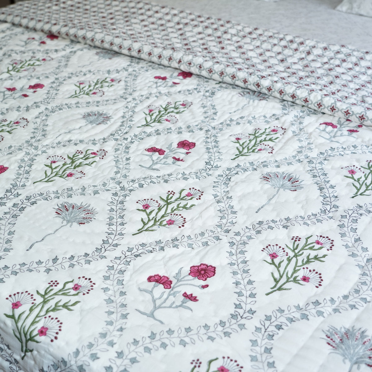 Floral Vines Symphony Reversible Hand Block Printed Cotton Quilt