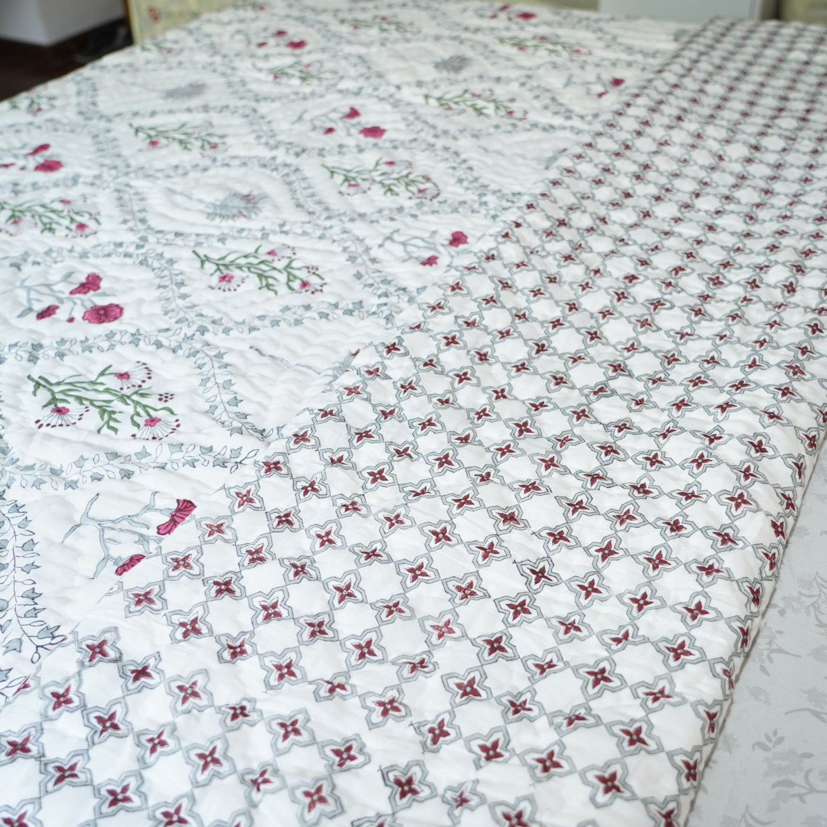 Floral Vines Symphony Reversible Hand Block Printed Cotton Quilt