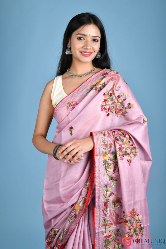 Floral and Crane Motif Hand-Embroidered Pink Blended Silk Saree