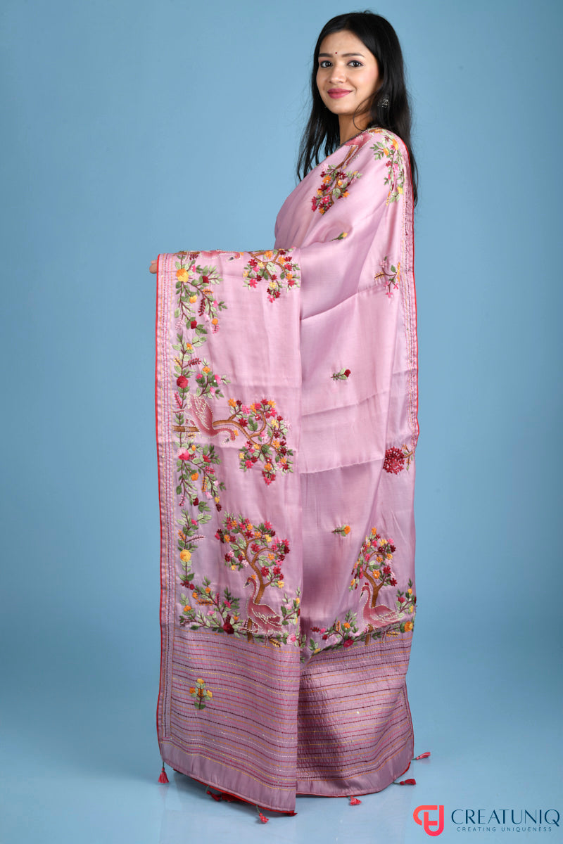 Floral and Crane Motif Hand-Embroidered Pink Blended Silk Saree