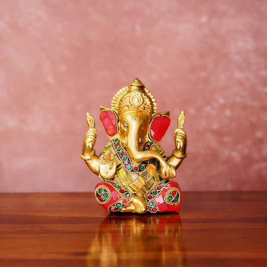 Ganesha Brass Idol 5" with Antique Polish and Stonework