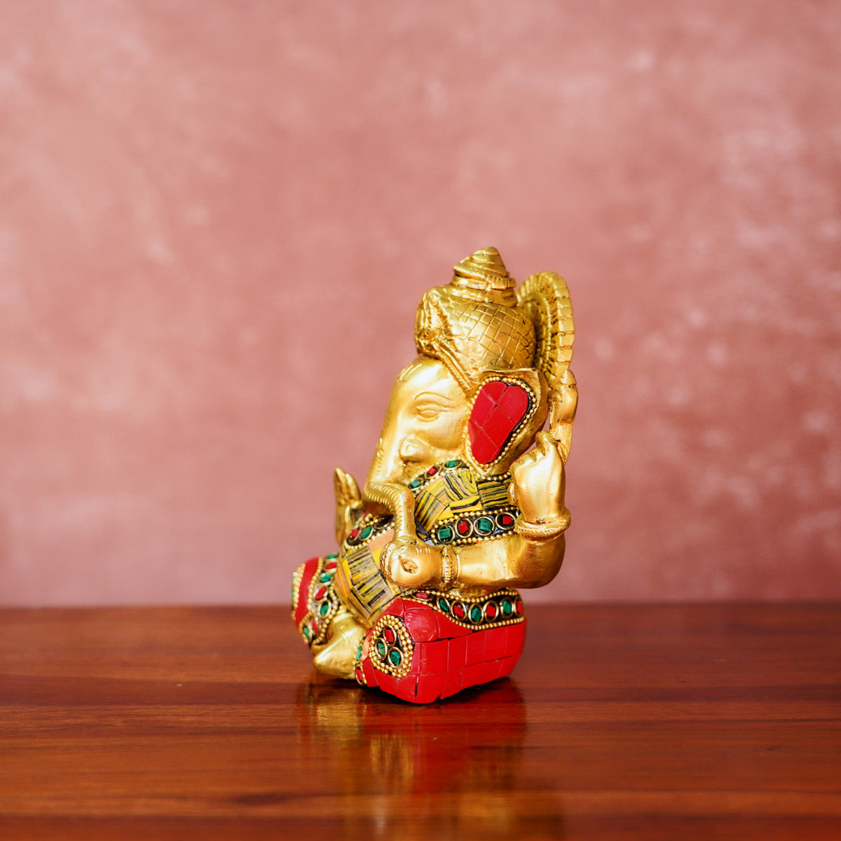 Ganesha Brass Idol 5" with Antique Polish and Stonework
