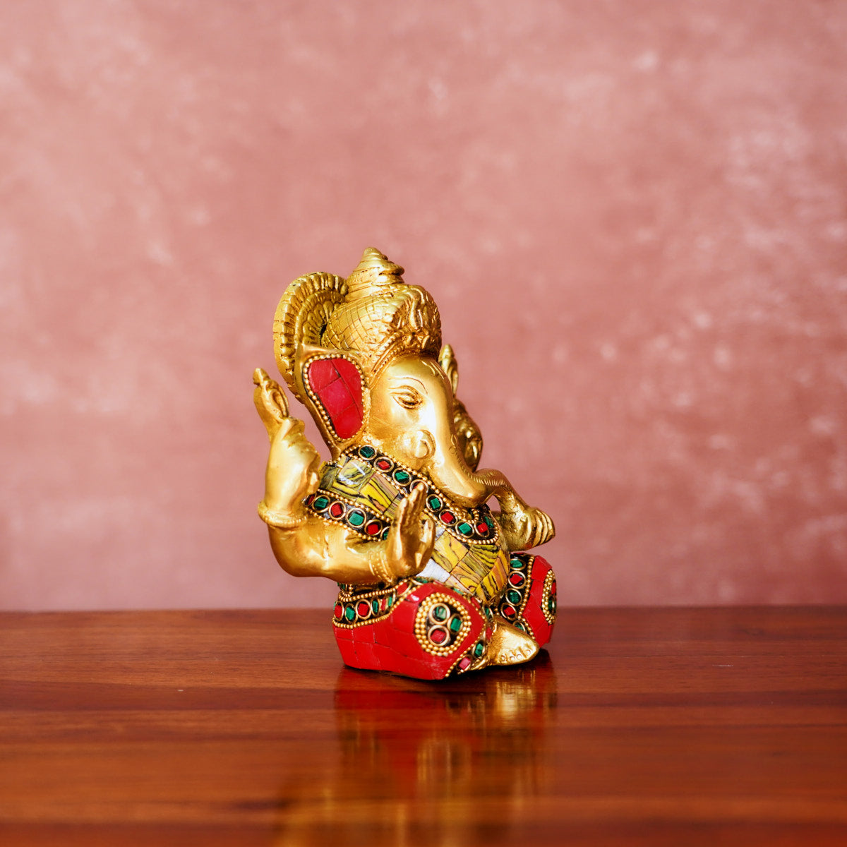 Ganesha Brass Idol 5" with Antique Polish and Stonework