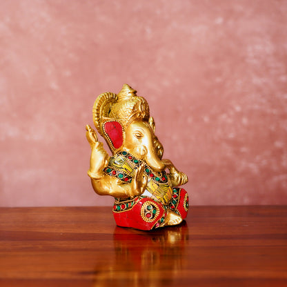 Ganesha Brass Idol 5" with Antique Polish and Stonework
