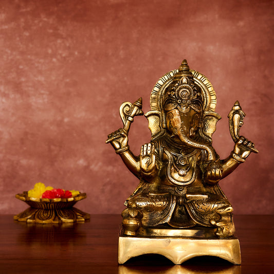 Ganesha Brass Idol 9.5" with Antique Polish