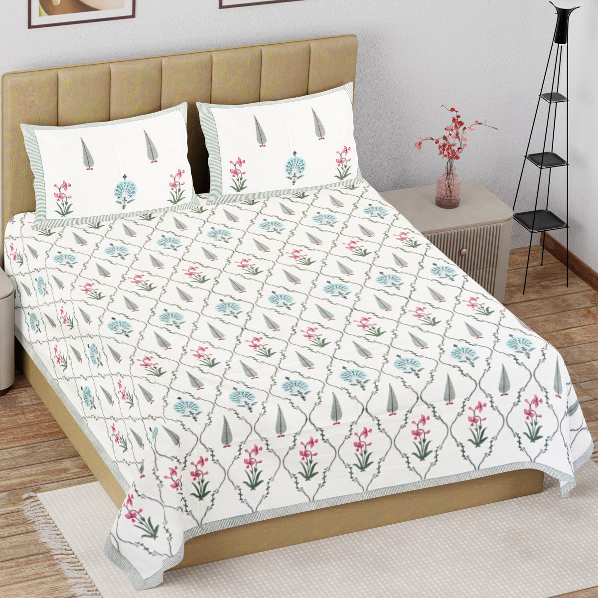 Garden Glow Hand Block Printed Cotton Bedsheet