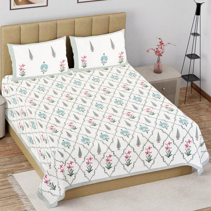 Garden Glow Hand Block Printed Cotton Bedsheet