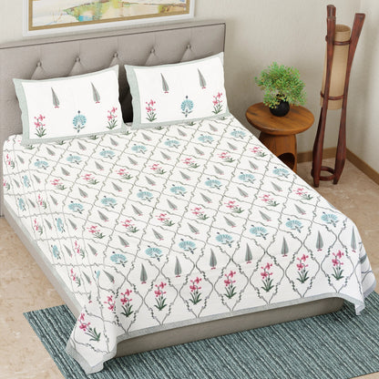 Garden Glow Hand Block Printed Cotton Bedsheet
