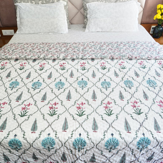 Garden Glow Reversible Hand Block Printed Cotton Quilt