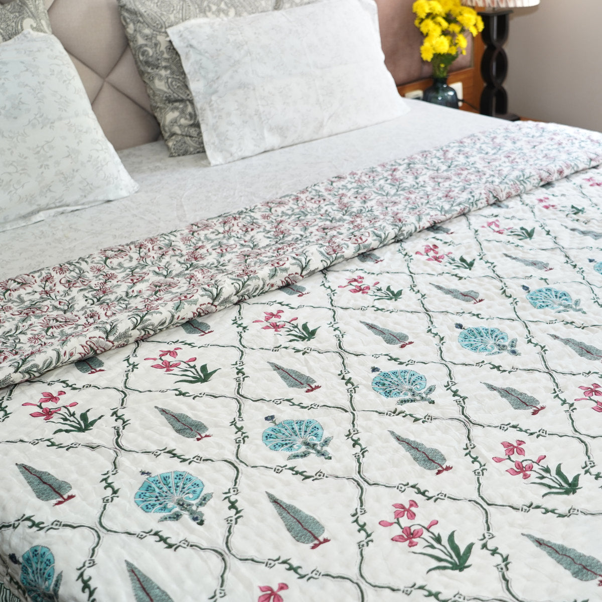 Garden Glow Reversible Hand Block Printed Cotton Quilt