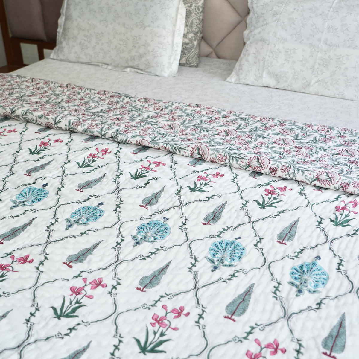 Garden Glow Reversible Hand Block Printed Cotton Quilt