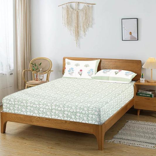 Green Hive Floral Hand Block Printed Cotton Bedsheet