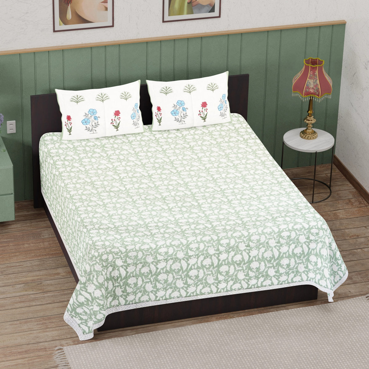 Green Hive Floral Hand Block Printed Cotton Bedsheet