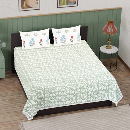Green Hive Floral Hand Block Printed Cotton Bedsheet