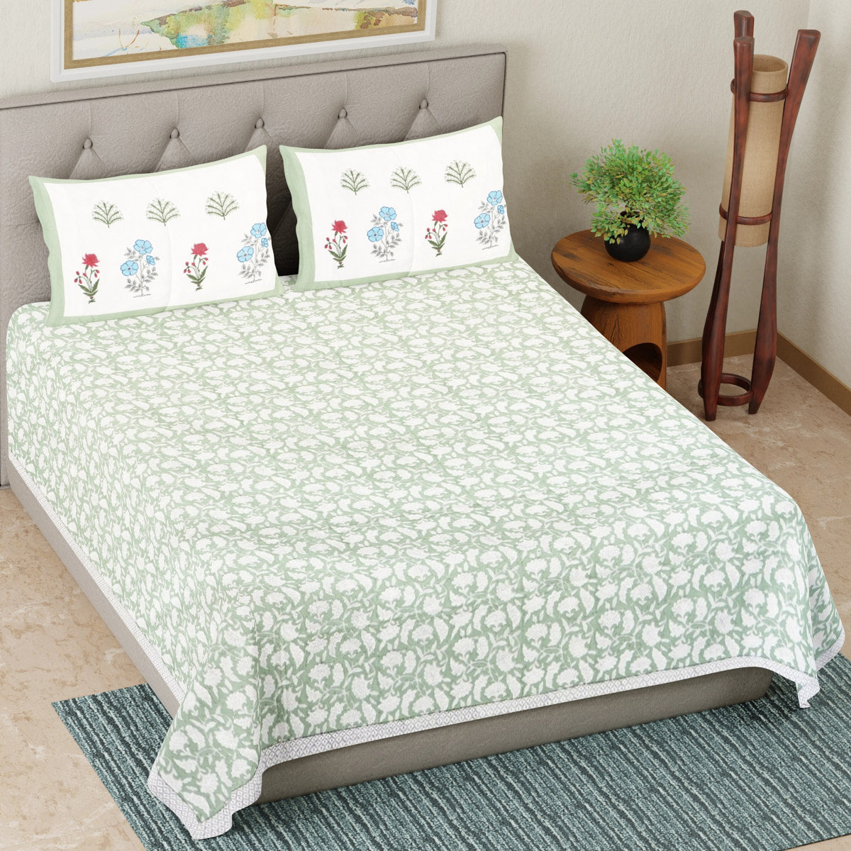 Green Hive Floral Hand Block Printed Cotton Bedsheet
