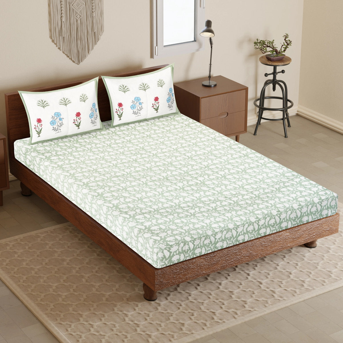 Green Hive Floral Hand Block Printed Cotton Bedsheet
