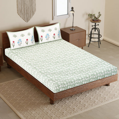 Green Hive Floral Hand Block Printed Cotton Bedsheet