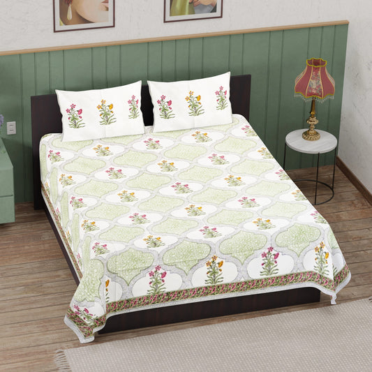 Green Jaali Floral Hand Block Printed Cotton Bedsheet