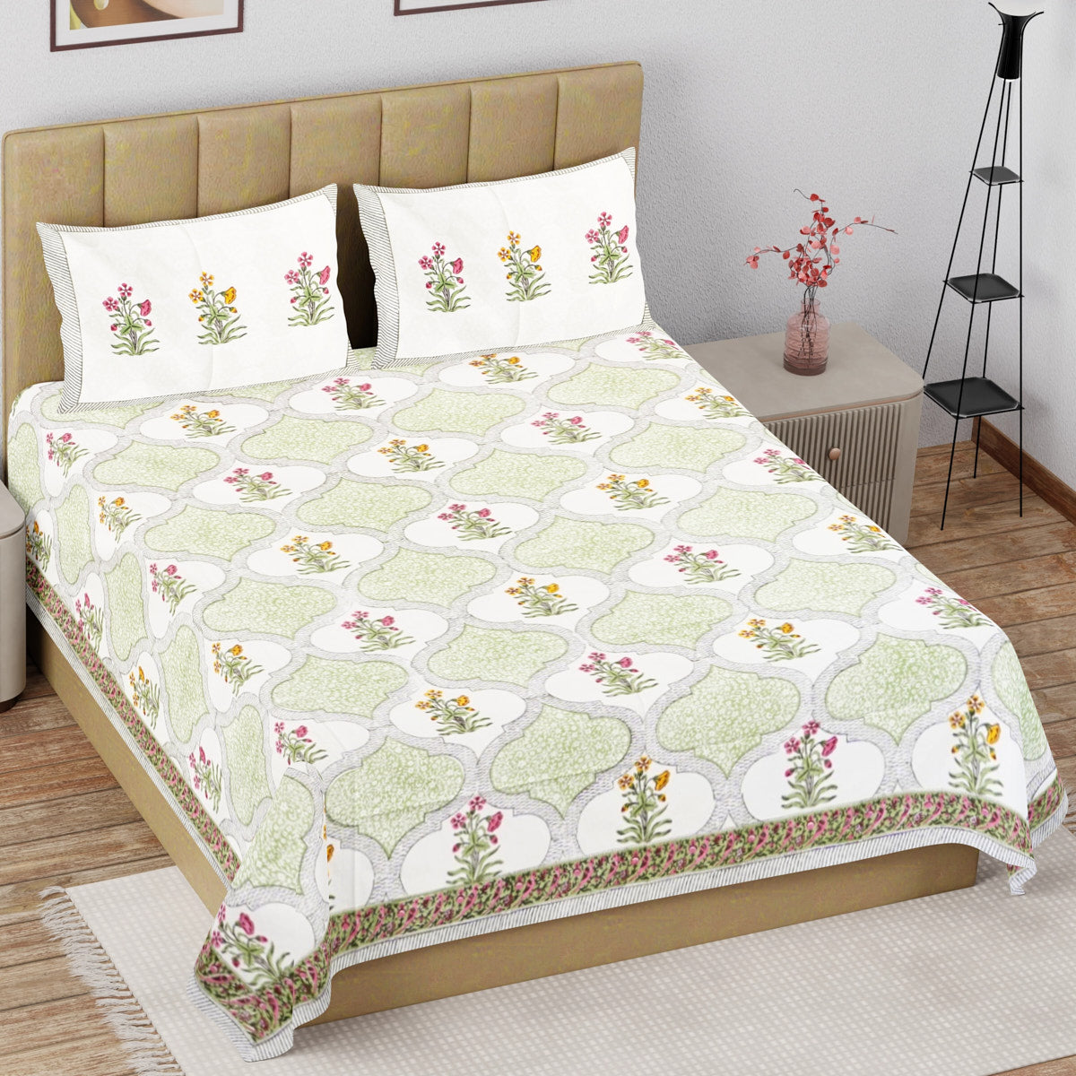 Green Jaali Floral Hand Block Printed Cotton Bedsheet