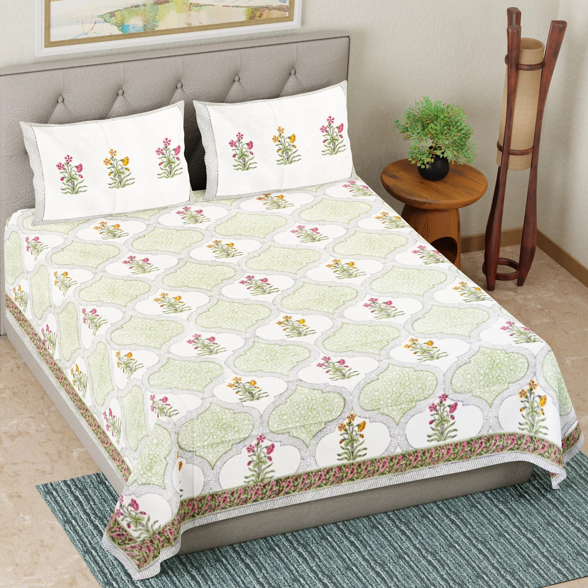Green Jaali Floral Hand Block Printed Cotton Bedsheet