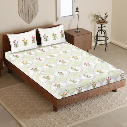 Green Jaali Floral Hand Block Printed Cotton Bedsheet