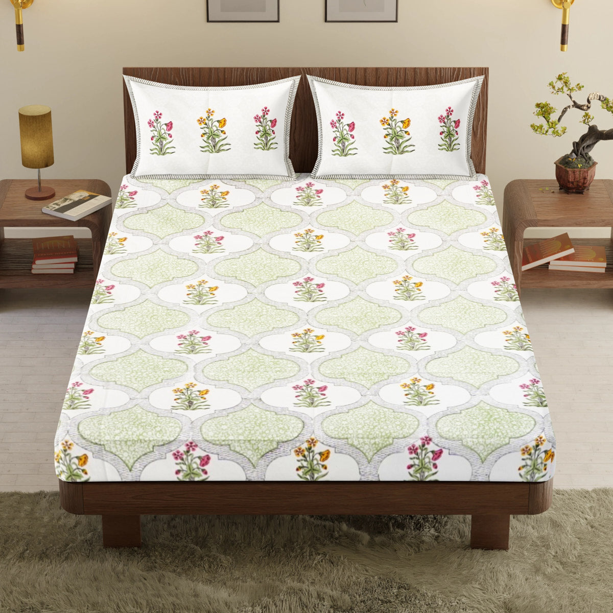 Green Jaali Floral Hand Block Printed Cotton Bedsheet