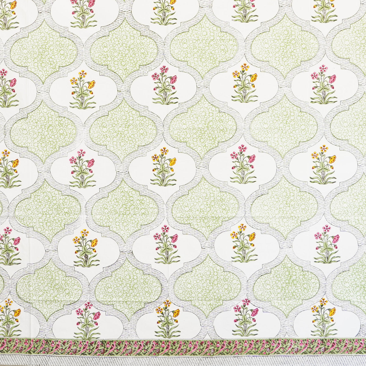 Green Jaali Floral Hand Block Printed Cotton Bedsheet