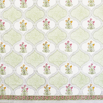 Green Jaali Floral Hand Block Printed Cotton Bedsheet