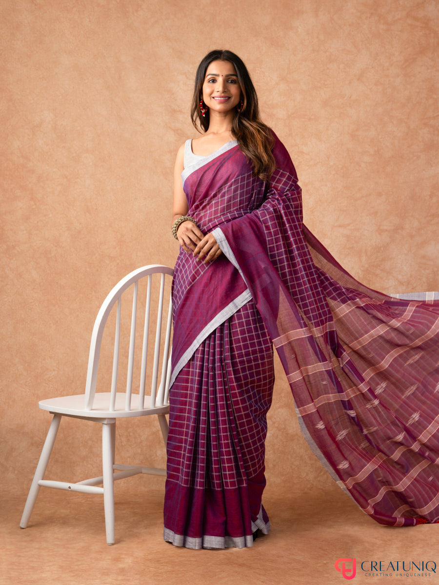 Grey Checkbox Bengal Handloom Pure Cotton Saree – Magenta