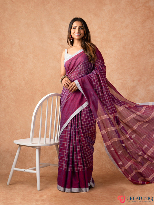 Grey Checkbox Bengal Handloom Pure Cotton Saree – Magenta