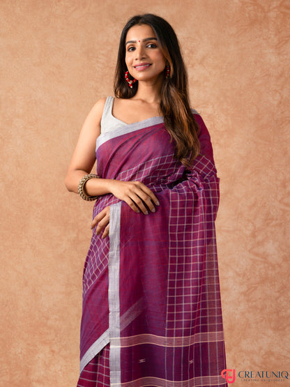 Grey Checkbox Bengal Handloom Pure Cotton Saree – Magenta