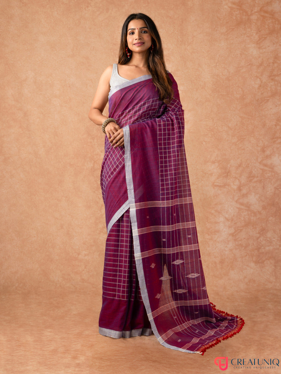 Grey Checkbox Bengal Handloom Pure Cotton Saree – Magenta