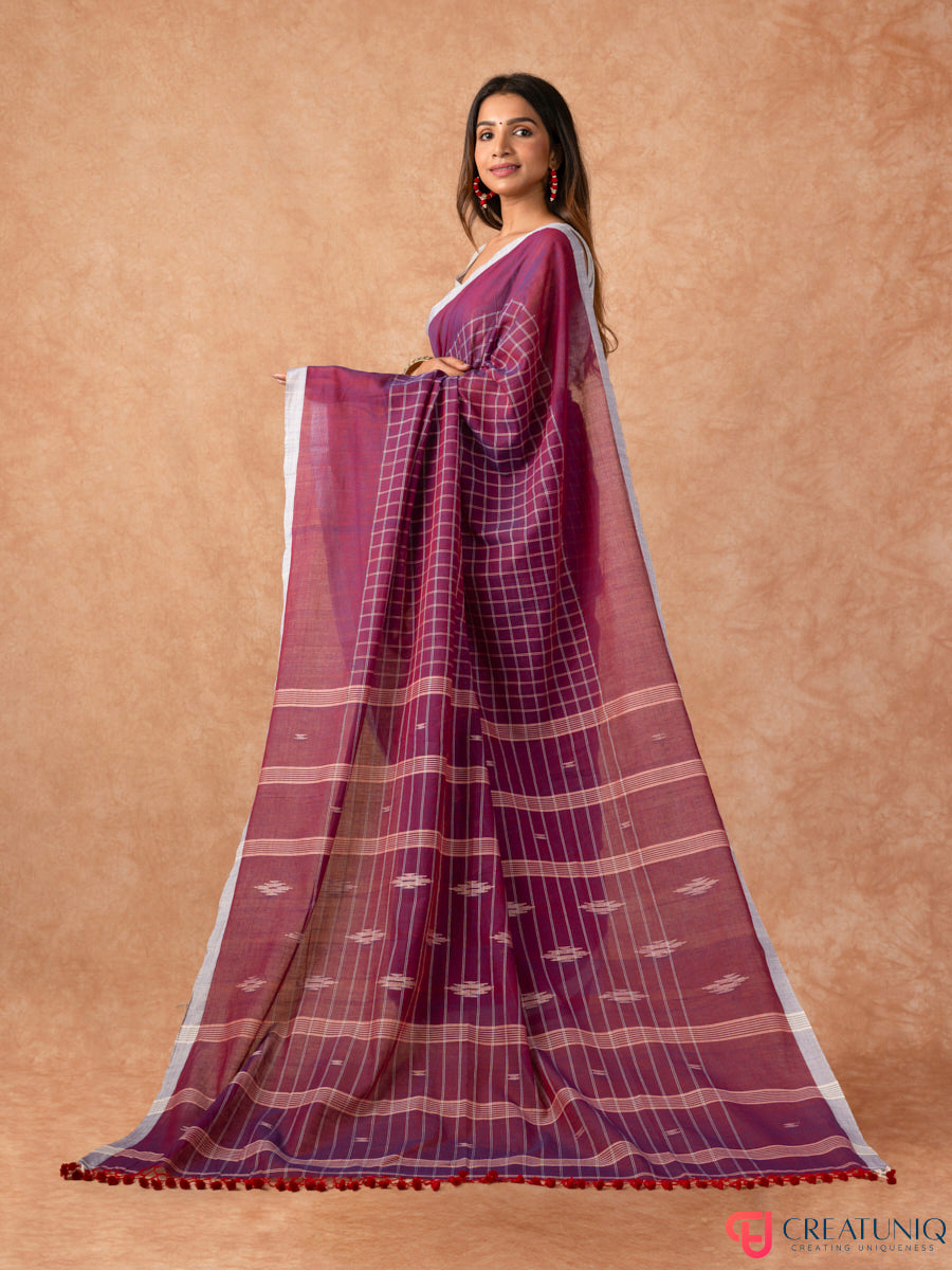 Grey Checkbox Bengal Handloom Pure Cotton Saree – Magenta