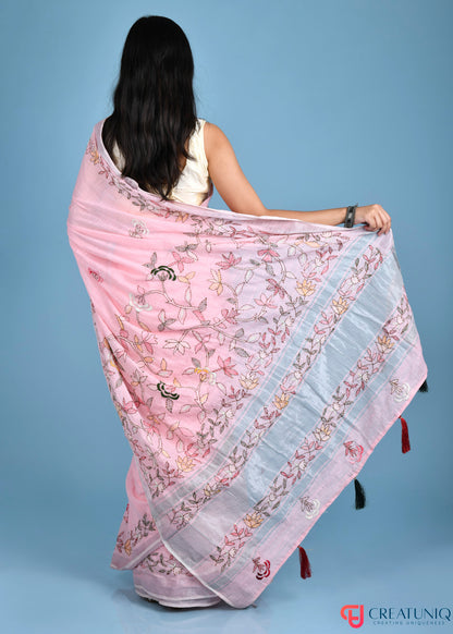 Hand-Embroidered Pink Linen Saree with Lite Floral Kantha Stitch