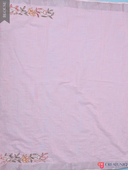 Hand-Embroidered Pink Linen Saree with Lite Floral Kantha Stitch