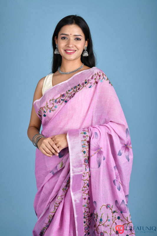 Hand-Painted Linen Saree with Intricate Dragonfly Embroidery