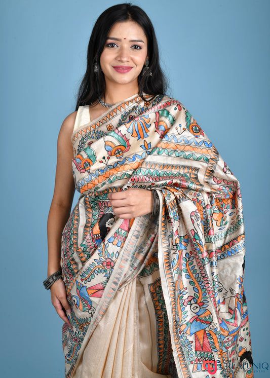 Hand-Painted Madhubani Pure Silk Saree Showcasing Royal Possessions