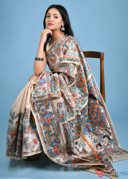 Hand-Painted Madhubani Pure Silk Saree Showcasing Royal Possessions