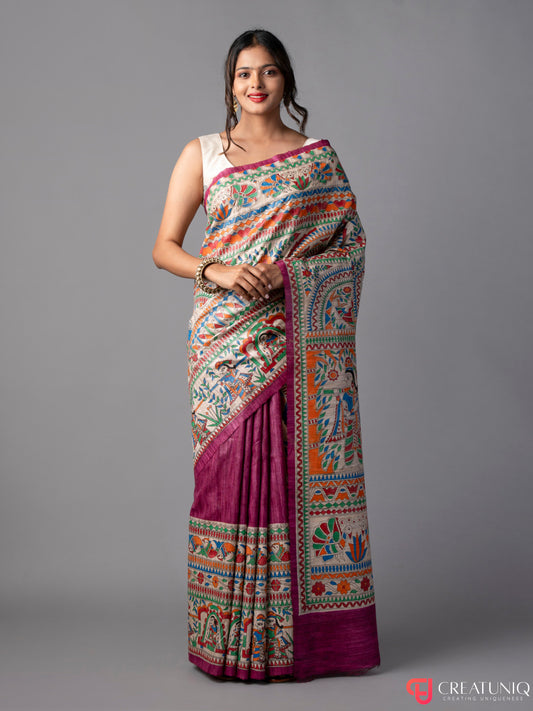 Handcrafted Madhubani Pure Silk Saree – Palki Motif on Magenta
