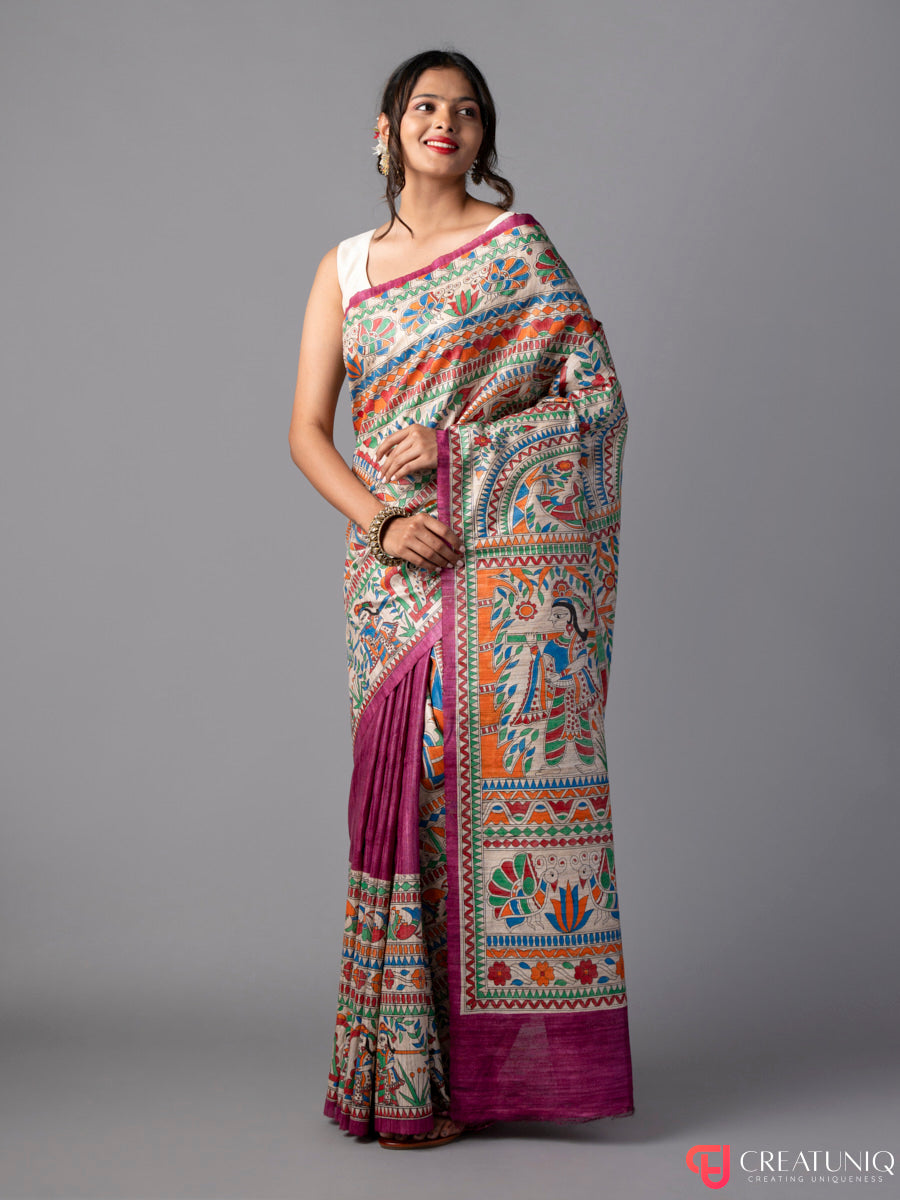 Handcrafted Madhubani Pure Silk Saree – Palki Motif on Magenta
