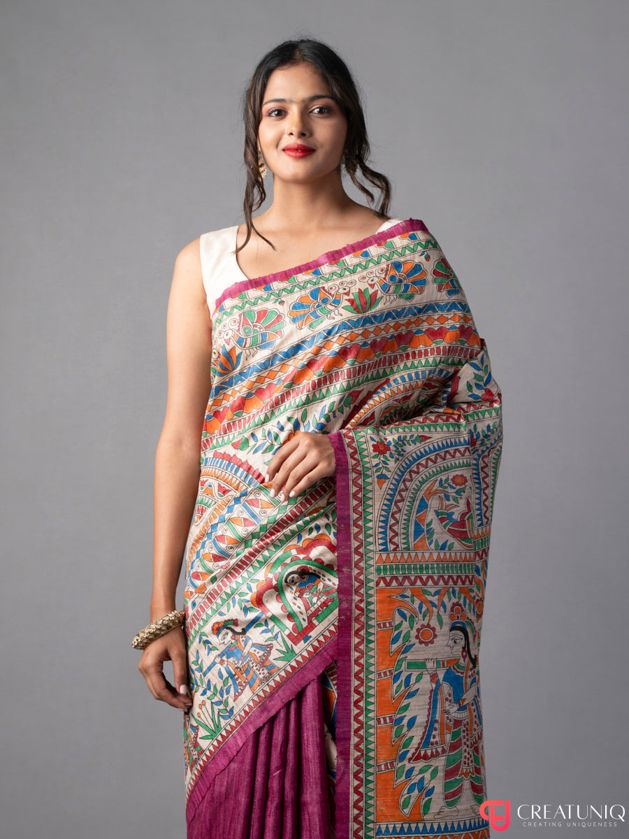 Handcrafted Madhubani Pure Silk Saree – Palki Motif on Magenta