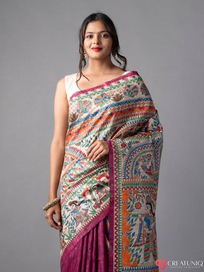 Handcrafted Madhubani Pure Silk Saree – Palki Motif on Magenta
