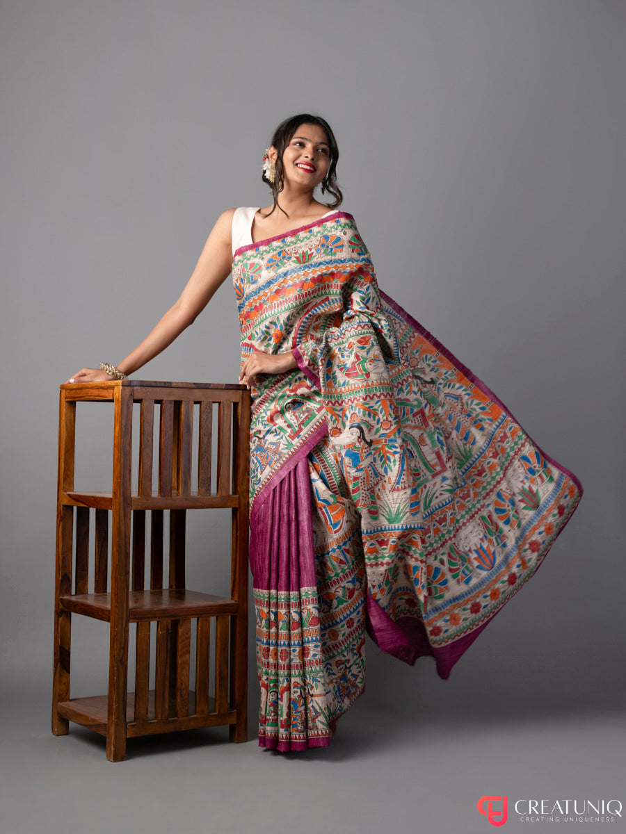 Handcrafted Madhubani Pure Silk Saree – Palki Motif on Magenta