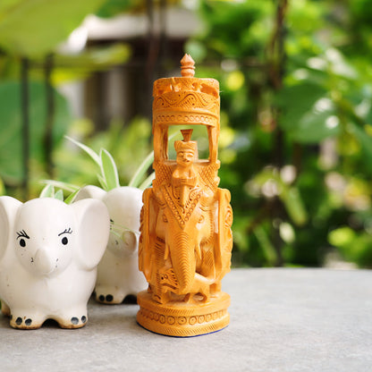 Handmade Wooden Ambari Elephant, 9" with Intricate Carving