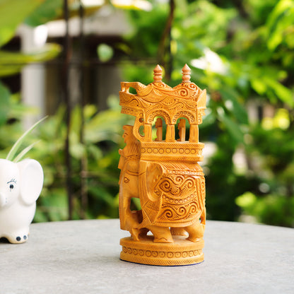 Handmade Wooden Ambari Elephant, 9" with Intricate Carving