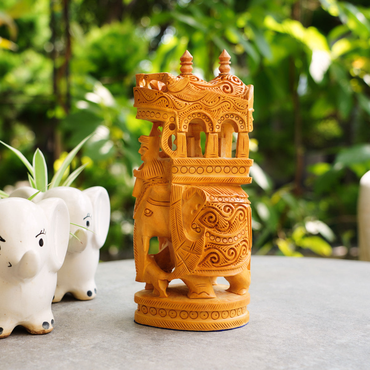 Handmade Wooden Ambari Elephant, 9" with Intricate Carving