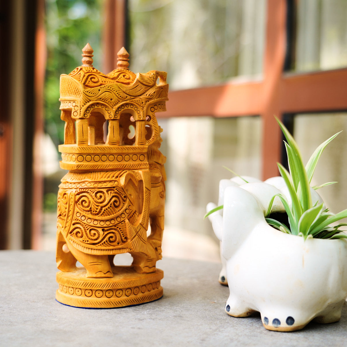 Handmade Wooden Ambari Elephant, 9" with Intricate Carving