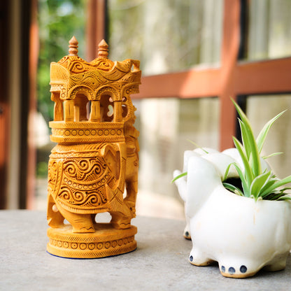 Handmade Wooden Ambari Elephant, 9" with Intricate Carving