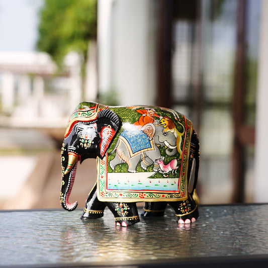 Handmade Wooden Elephant, 6", Hand Painted Shikari Scene
